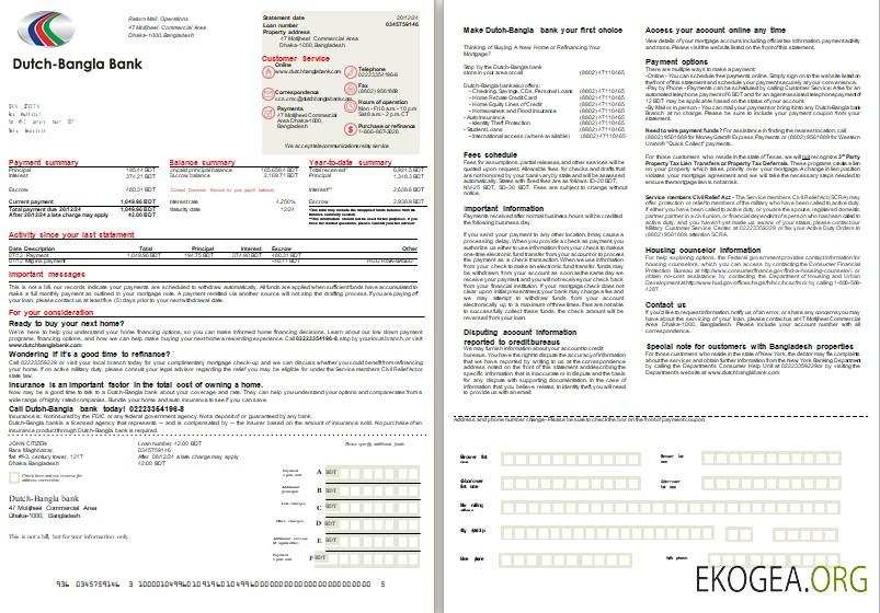 Bangladesh néerlandais, relevé hypothécaire de la banque Bangla, 2 pages, 1, 2 scr